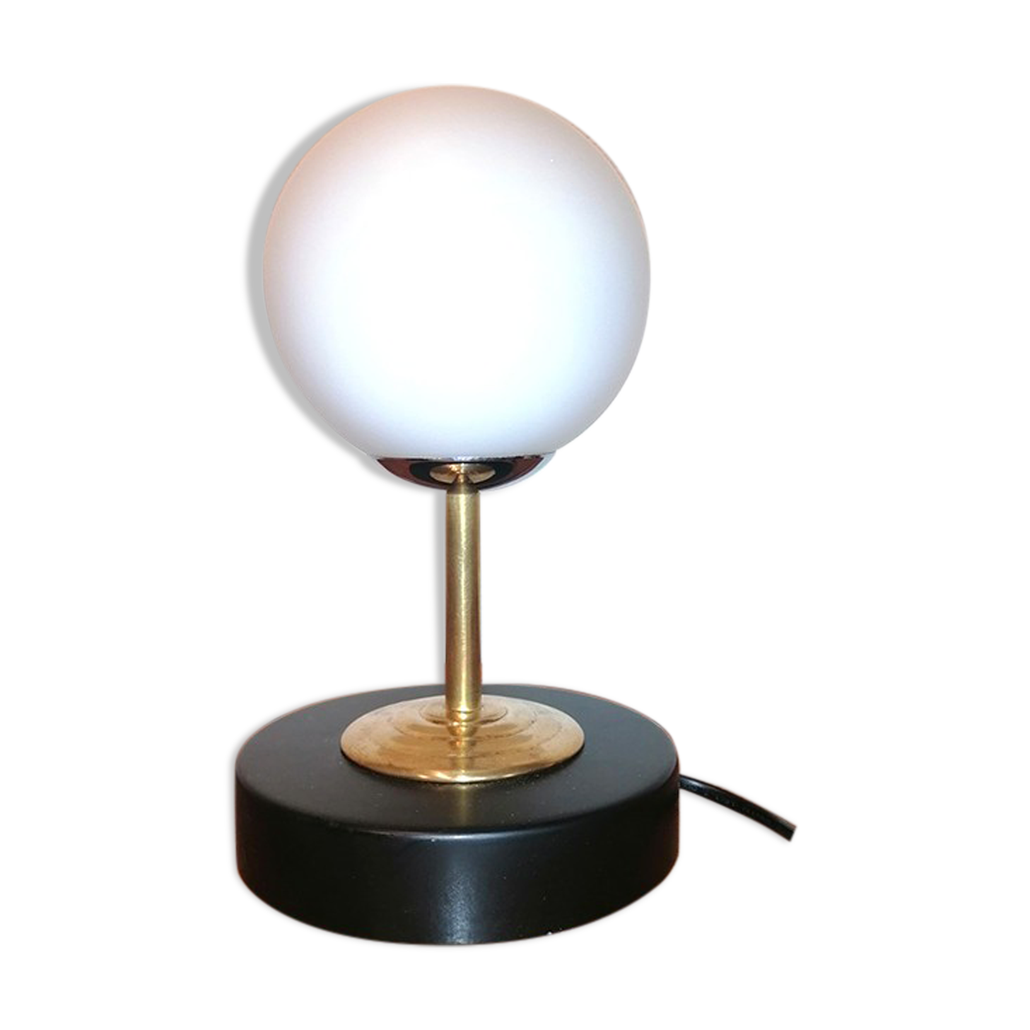 Table lamp wood, brass and frosted white glass globe, 1960