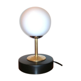 Table lamp wood, brass and frosted white glass globe, 1960