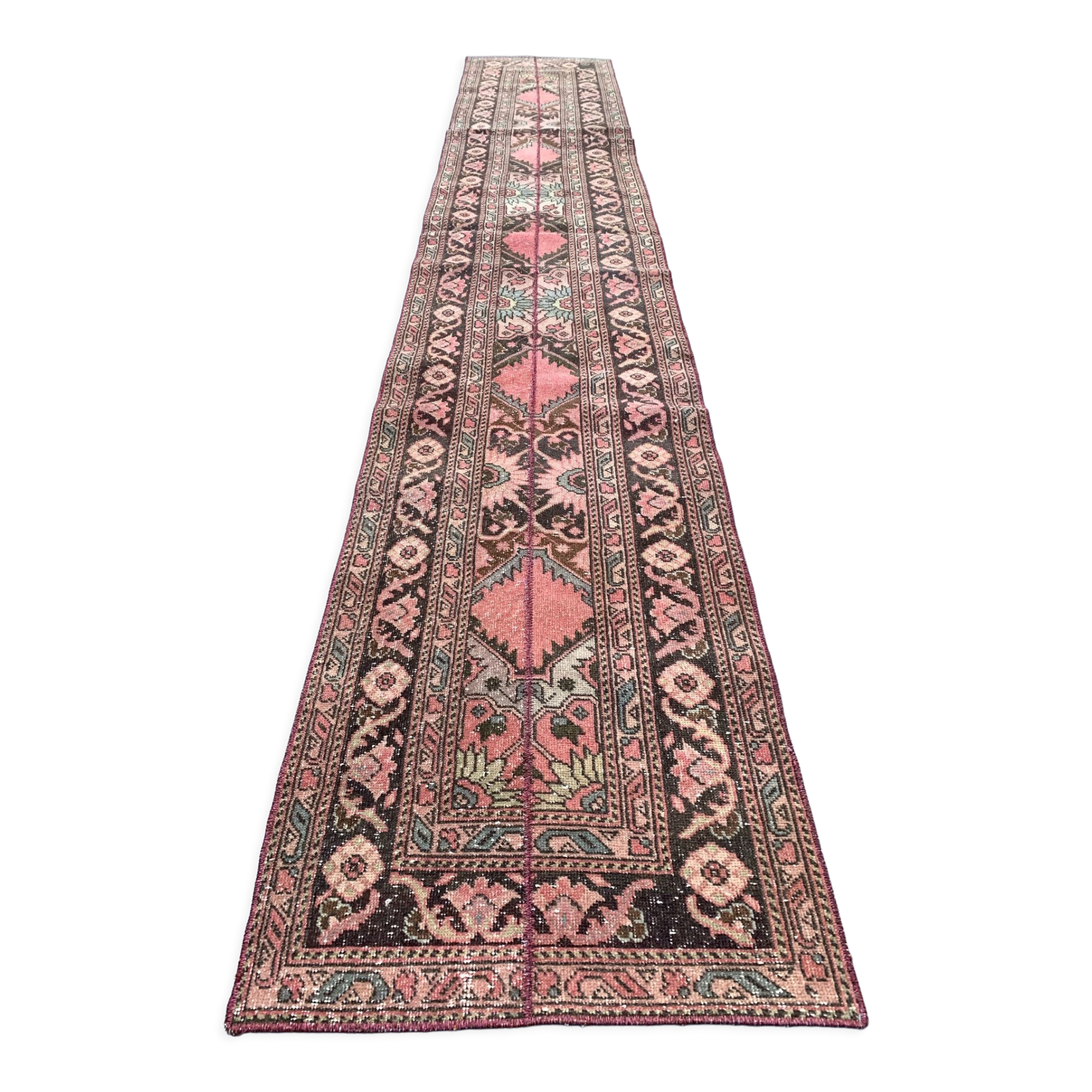 Distressed turkish narrow runner 409x70 cm wool vintage tribal rug