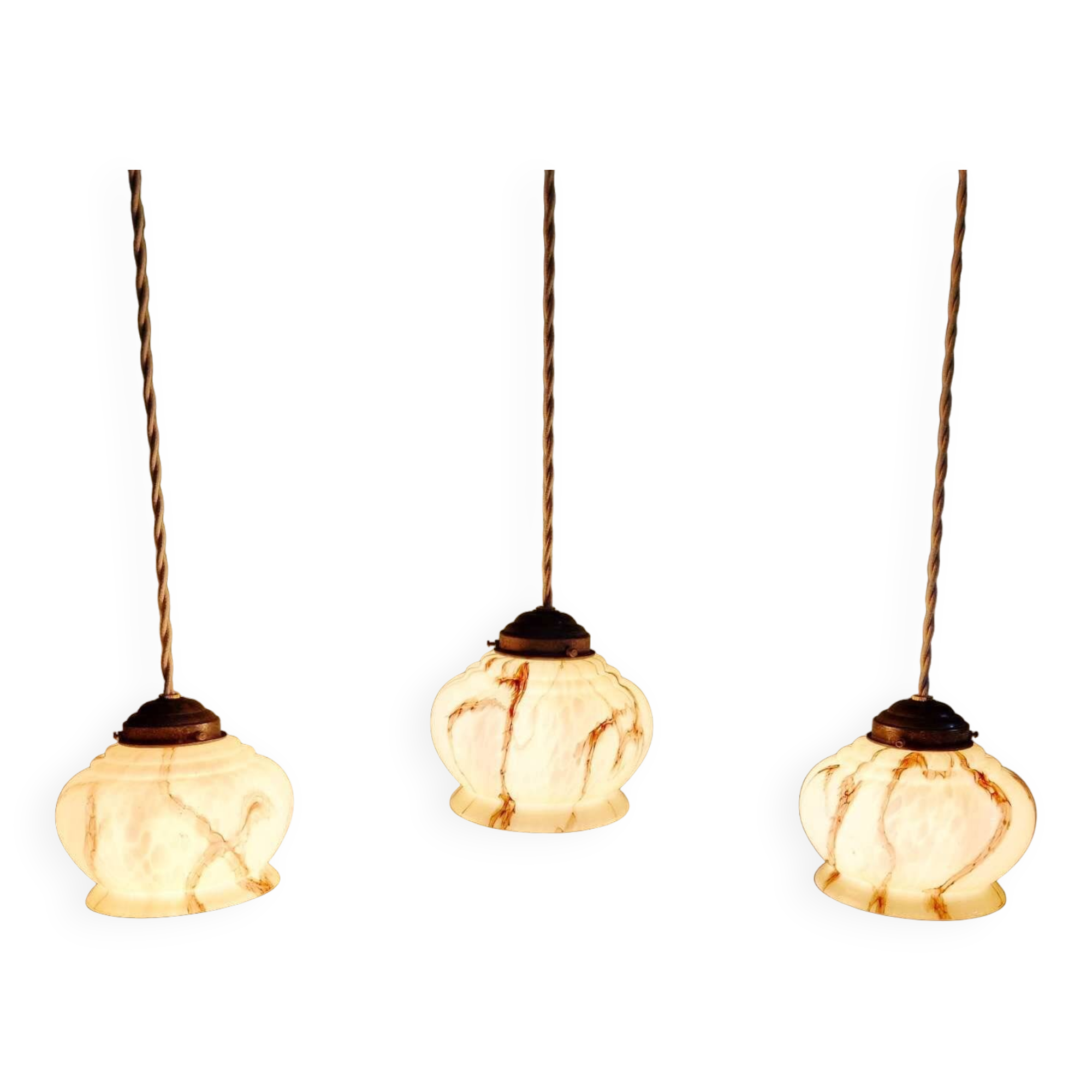 Trio of Art Deco marbled opaline pendant lights, 1920-30