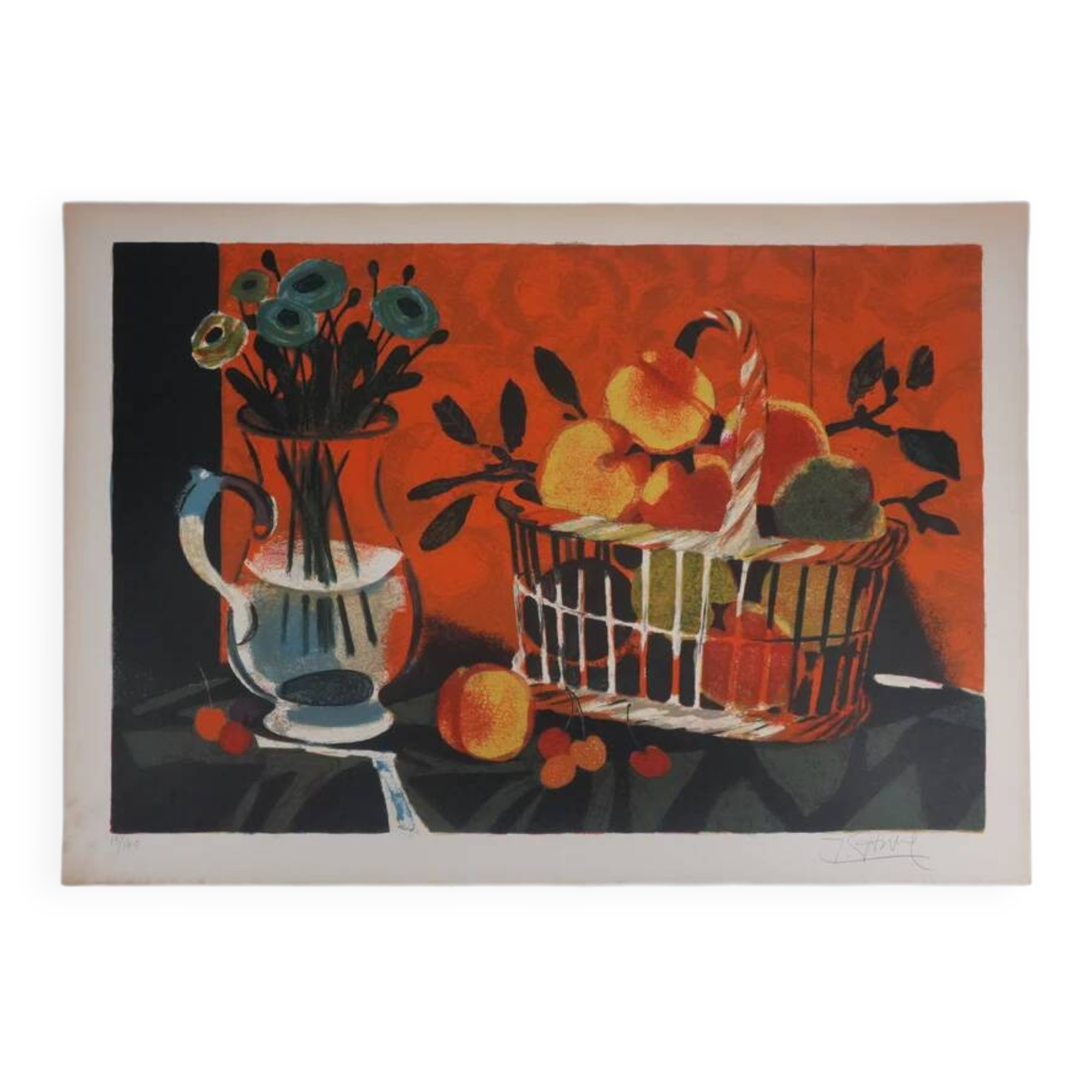 Yves Ganne : Le panier de pêches, lithographie originale signée