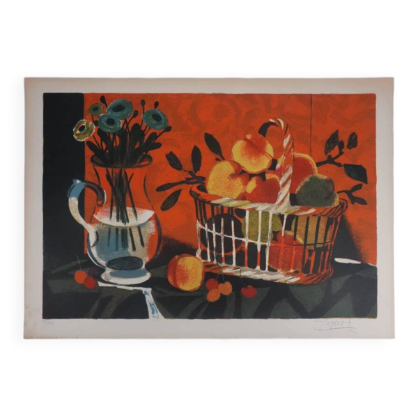 Yves Ganne : Le panier de pêches, lithographie originale signée — Beyit