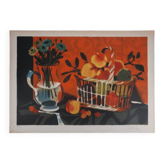 Yves Ganne: The basket of peaches, original signed lithograph.