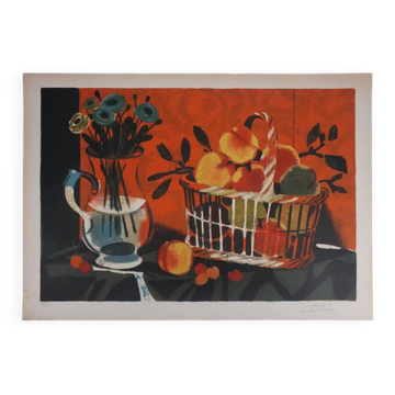 Yves Ganne : Le panier de pêches, lithographie originale signée
