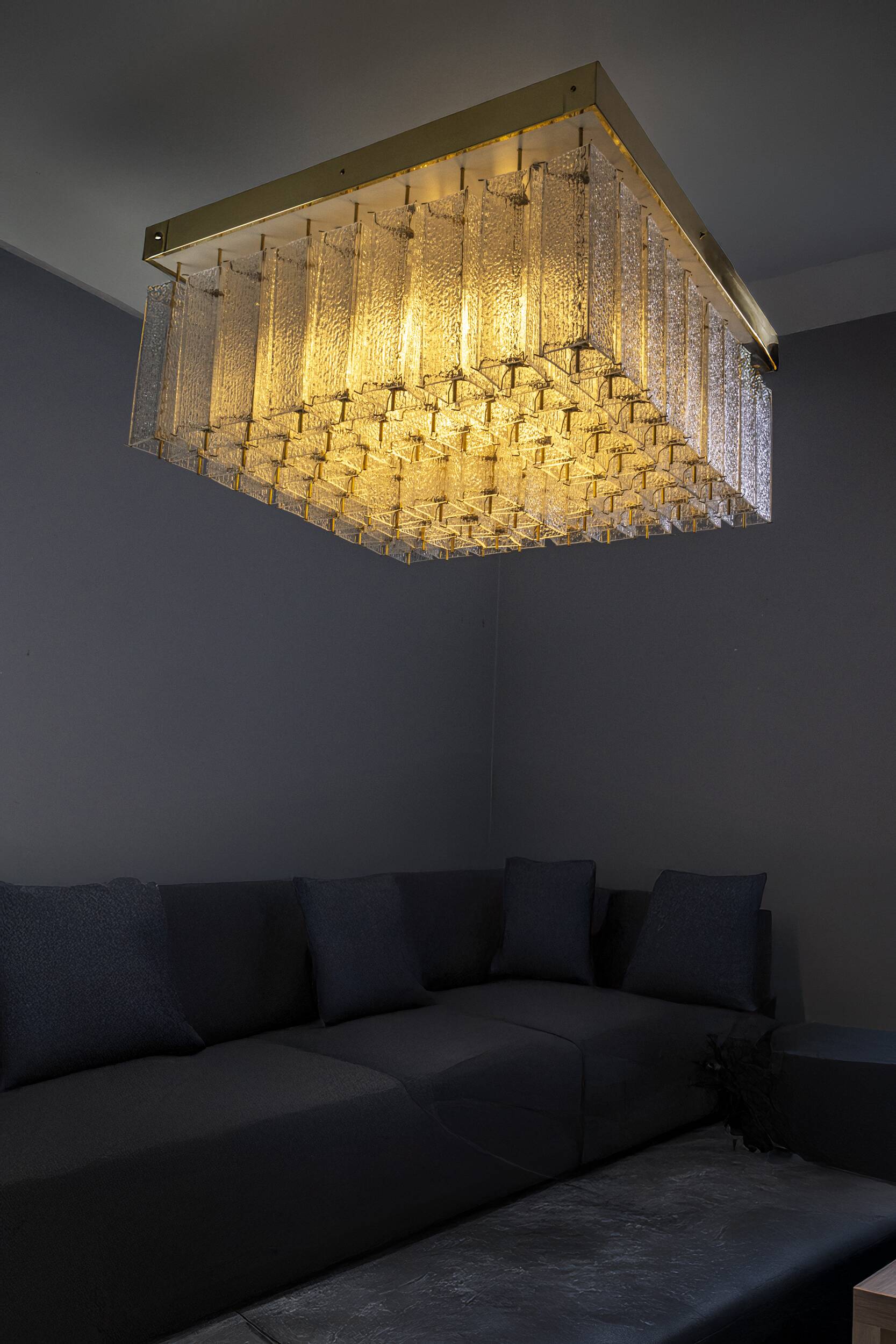 Bohemian flush-mount light in textured glass & brass, 1960s