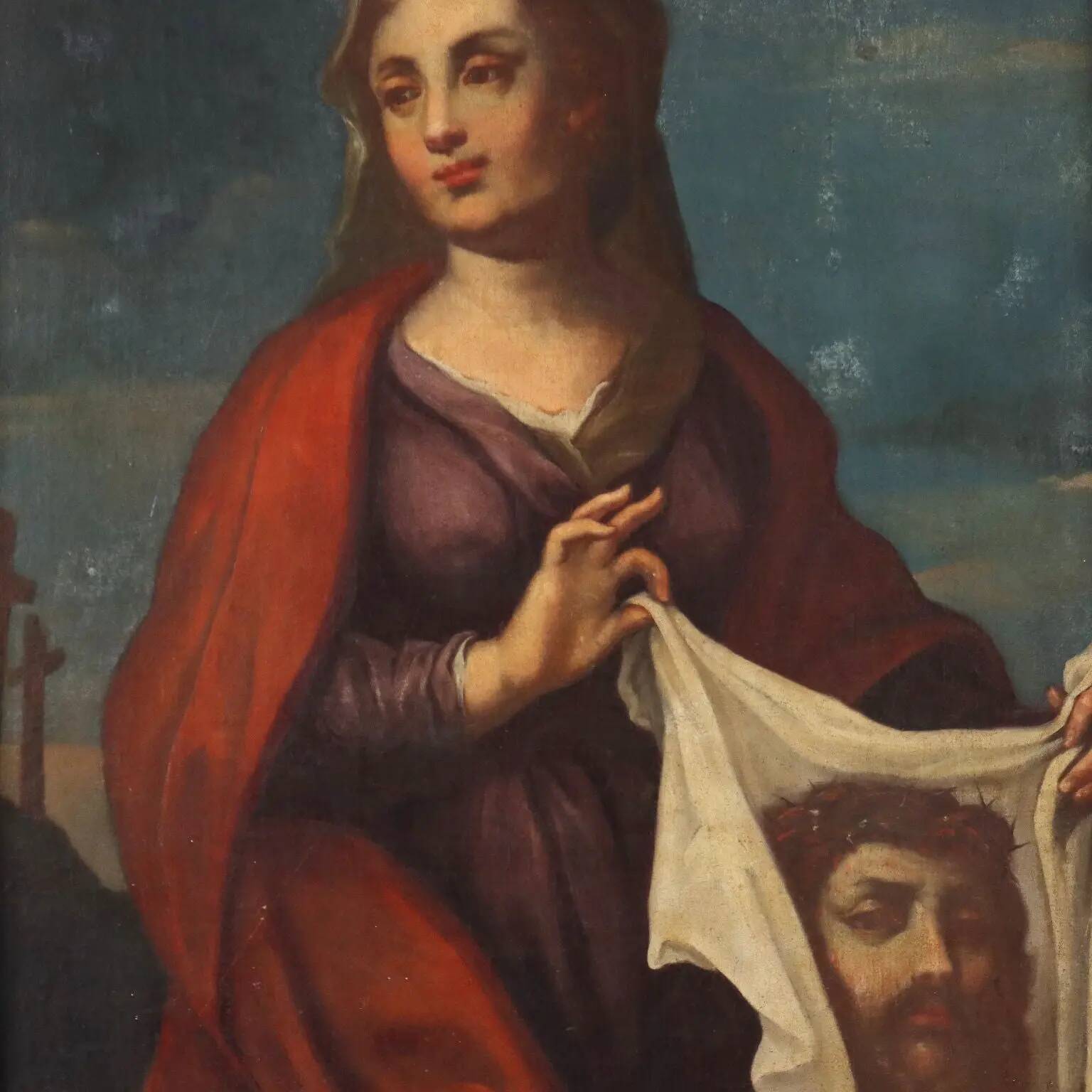 Ancient painting with a religious subject, oil on canvas, 17th century.