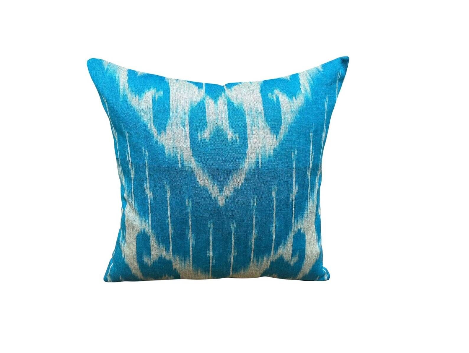 Silk Ikat Square Cushion Cover, Sky Blue Vintage Abraj, Handwoven, 16x16