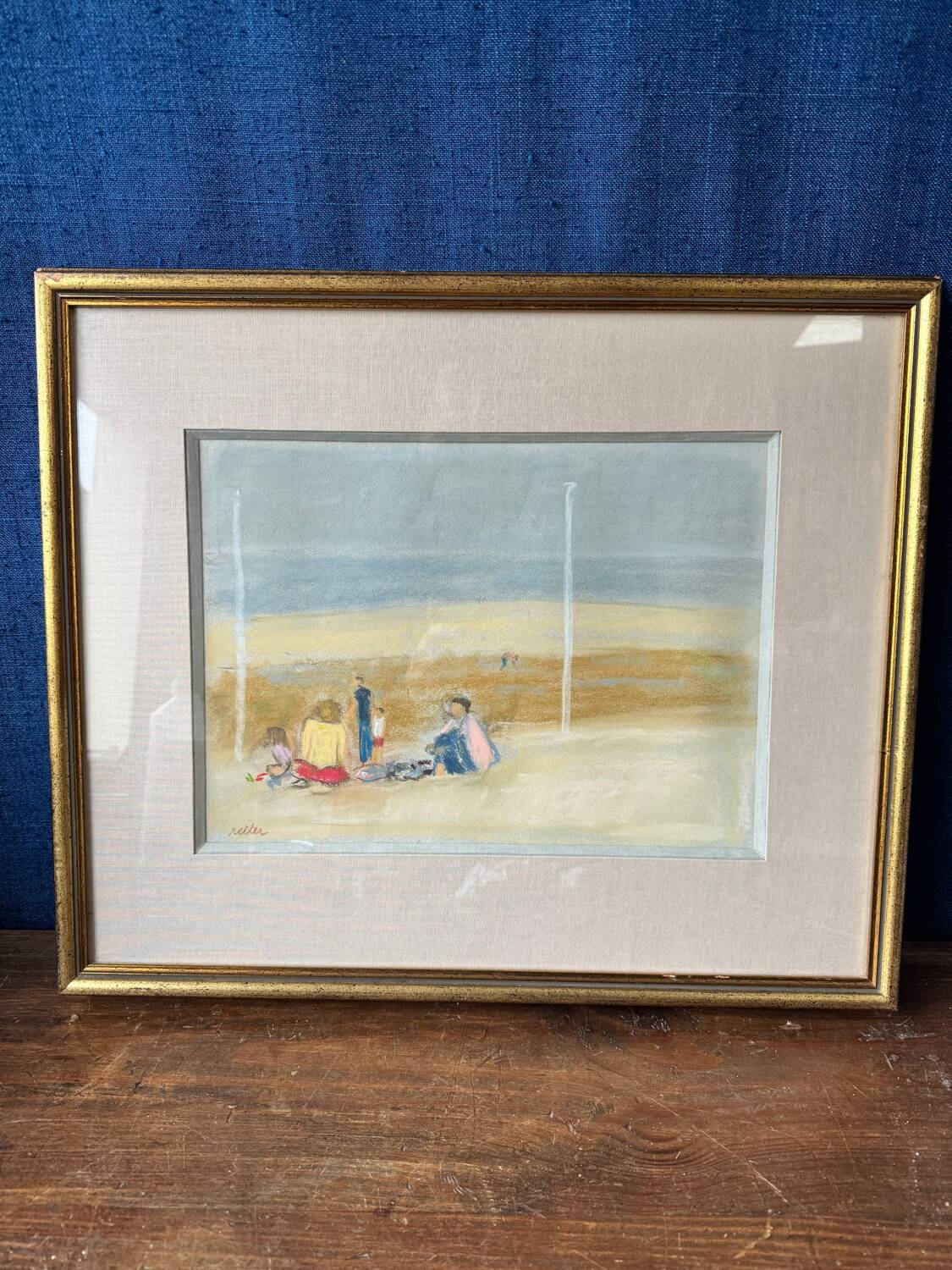 Pastel painting, family beach scene in Normandy signed Henri Reiter.