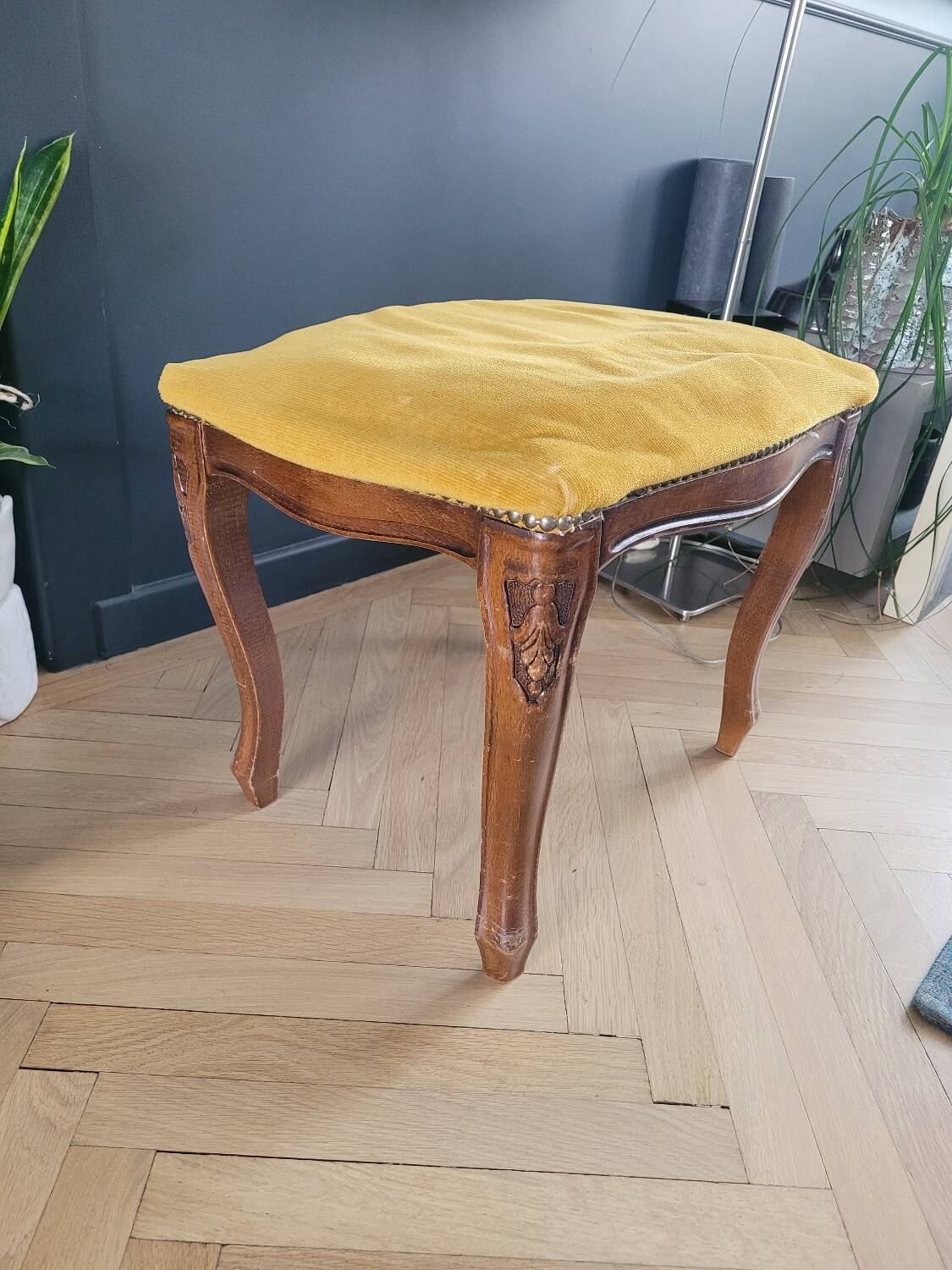 Antique wooden and velvet ottoman stool