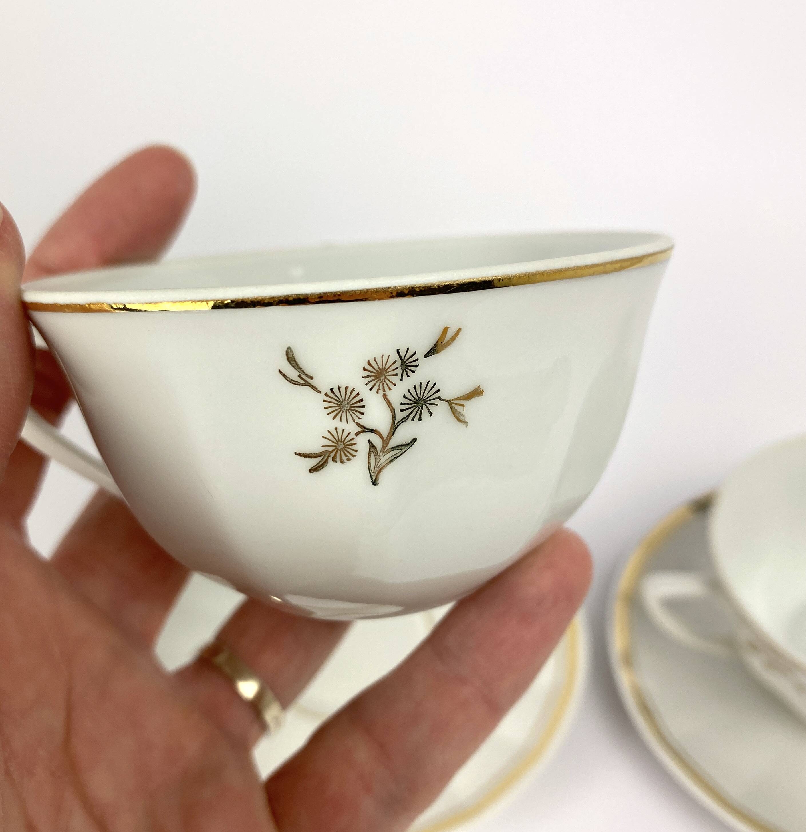 Vintage Mismatched Set of 6 Porcelain Cups and 5 Saucers - Gold