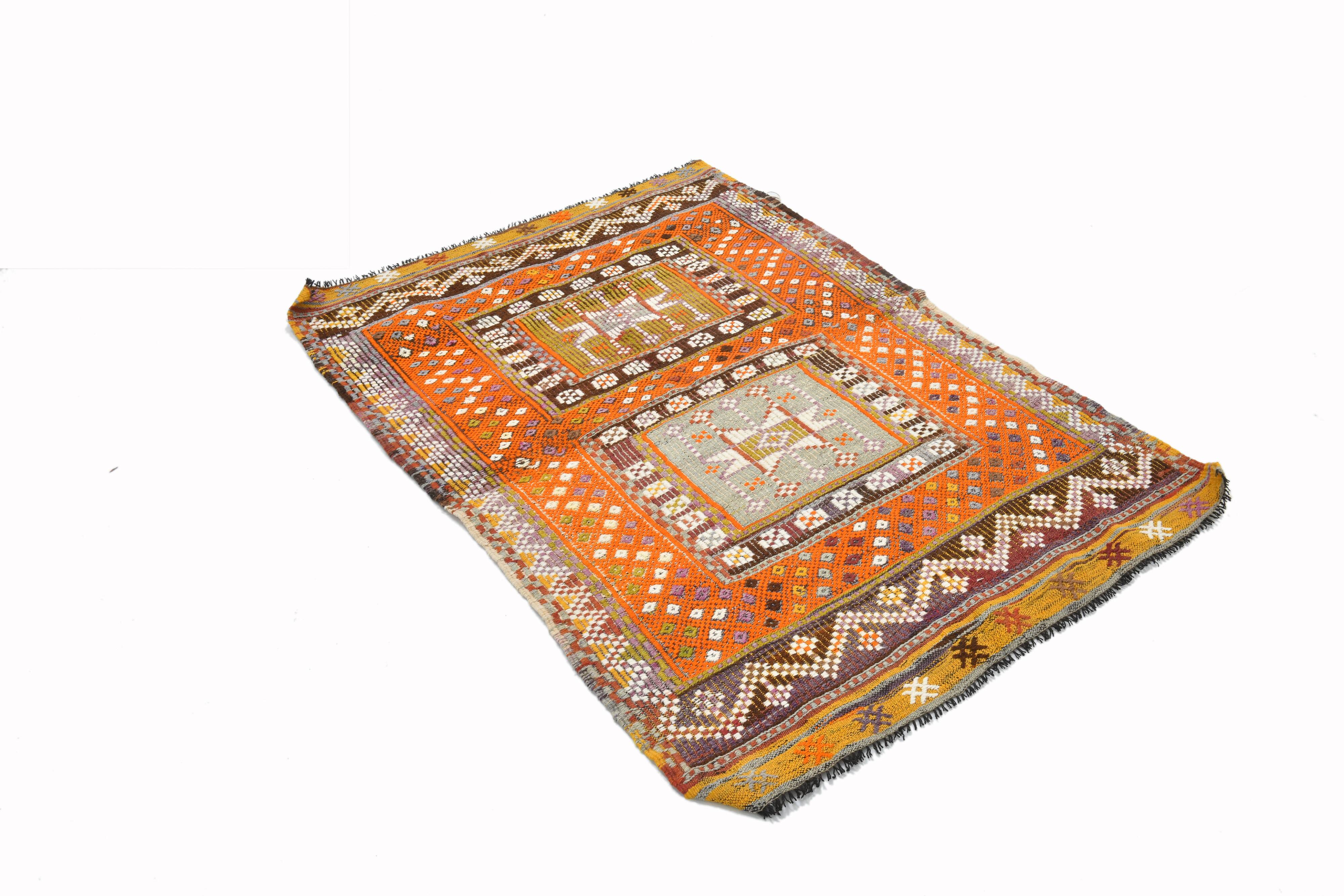 3x5 Orange & Green Small Size Vintage Kilim Rug, 102x141Cm