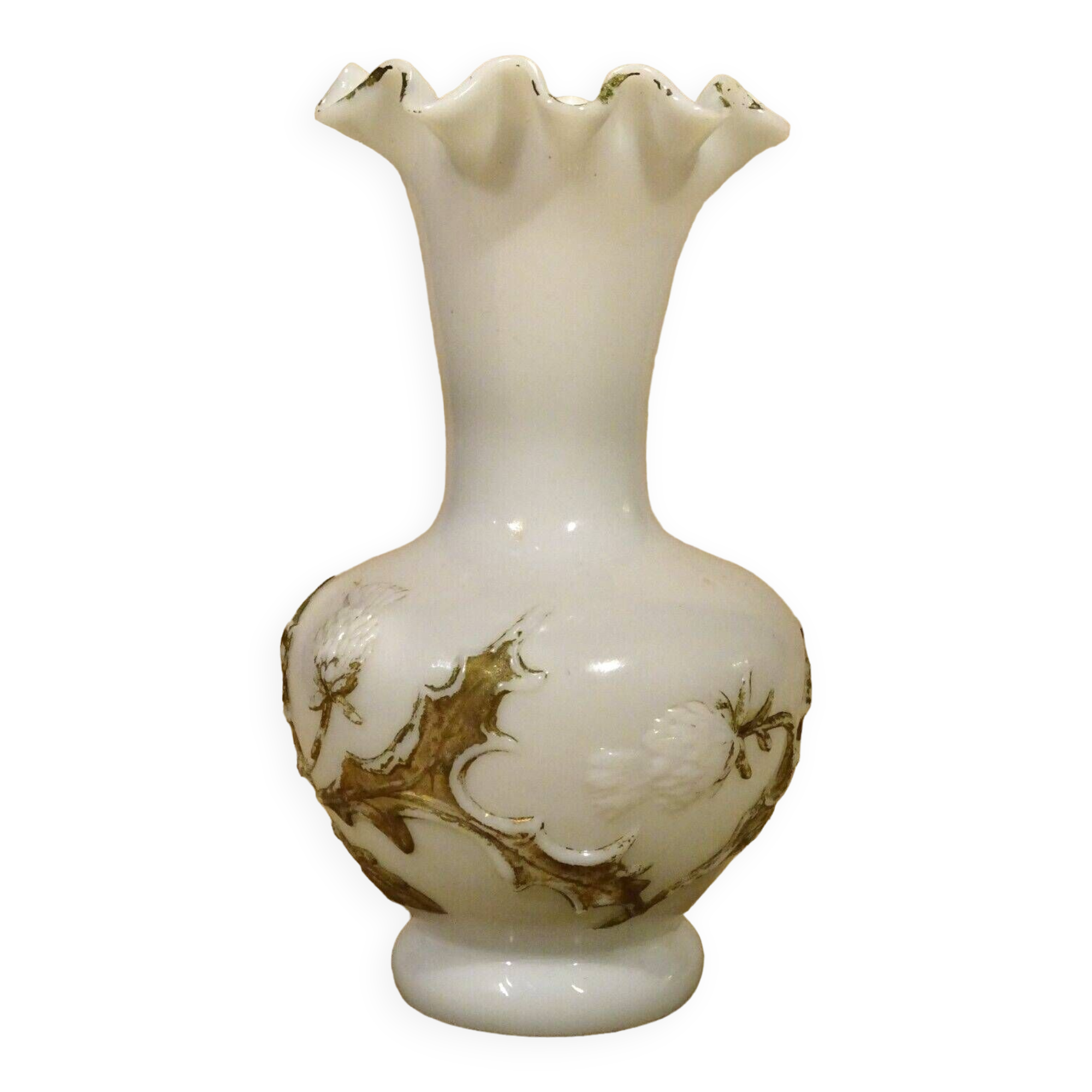 Old white opaline vase decorated with thistles in painted relief 23.6 cm high
