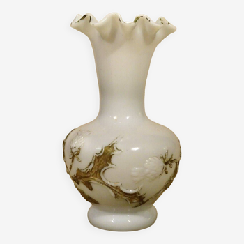 Old white opaline vase decorated with thistles in painted relief 23.6 cm high