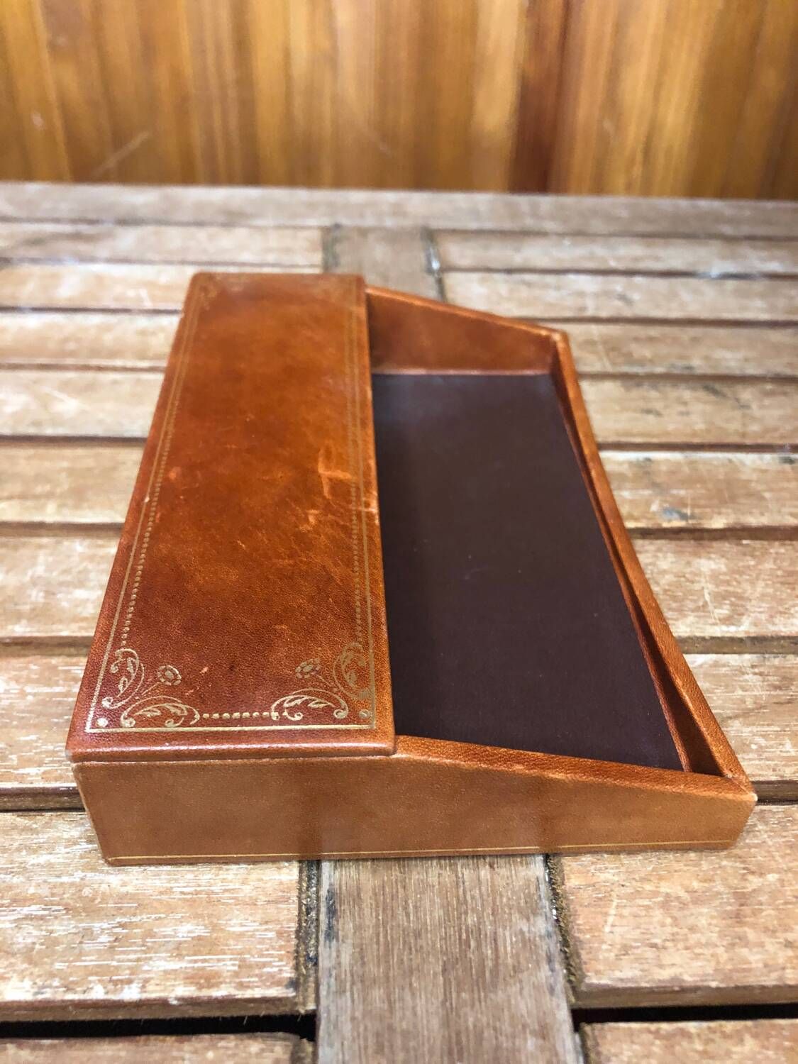 Old lancel paris card holder brown embossed leather desk accessories