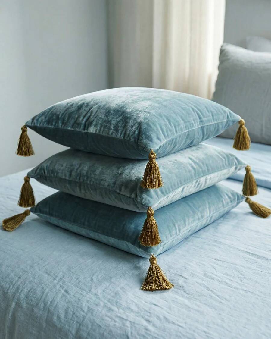 Silk velvet cushion with pom poms | Light blue Sifnos