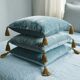 Silk velvet cushion with pom poms | Light blue Sifnos