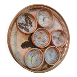Old bamboo and rattan tray / 6 butterfly coasters / entomology height 4 cm / diameter 28 cm