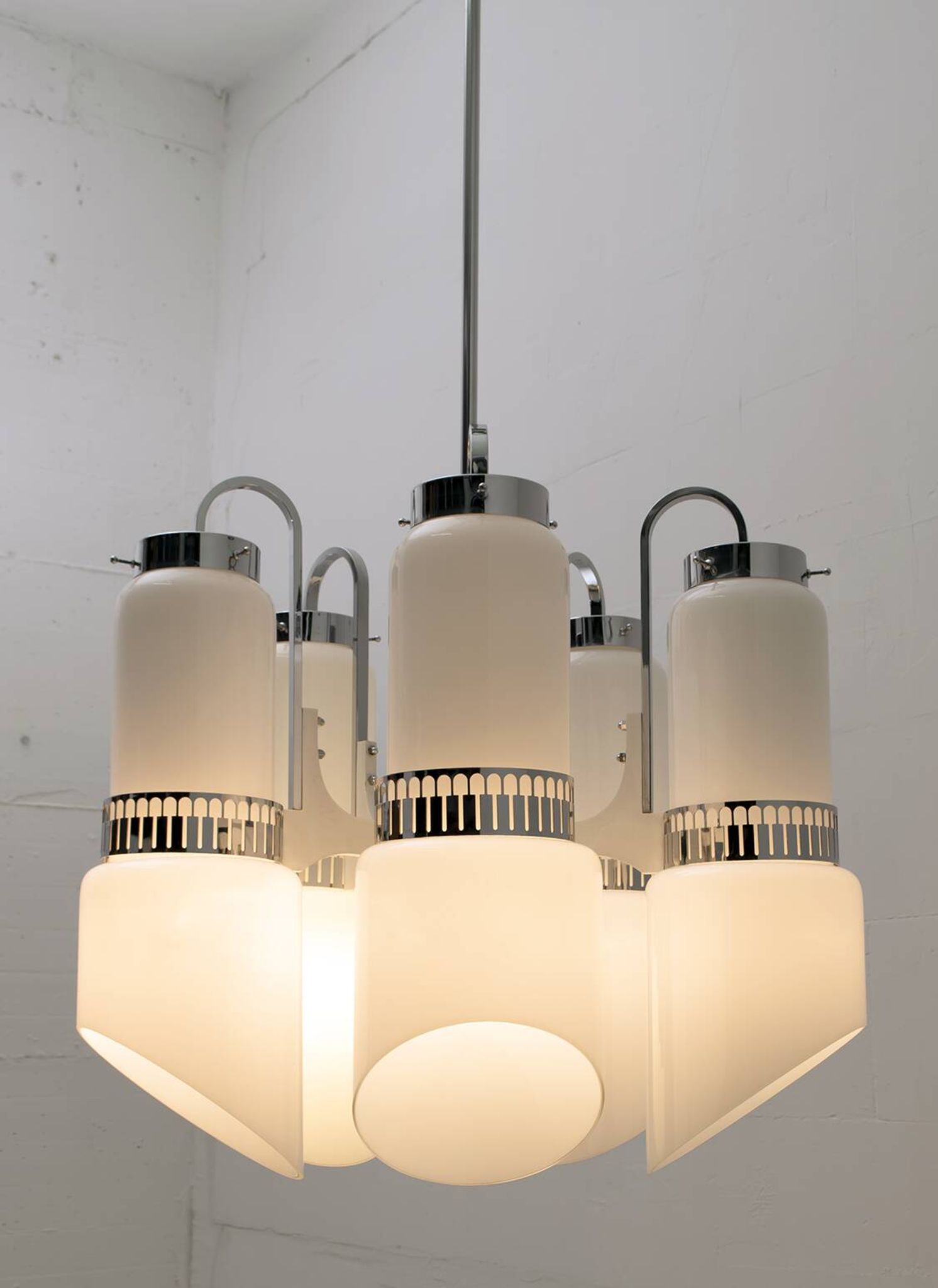 Vistosi Midcentury Italian Murano Glass and Steel "Incamiciato" Chandelier