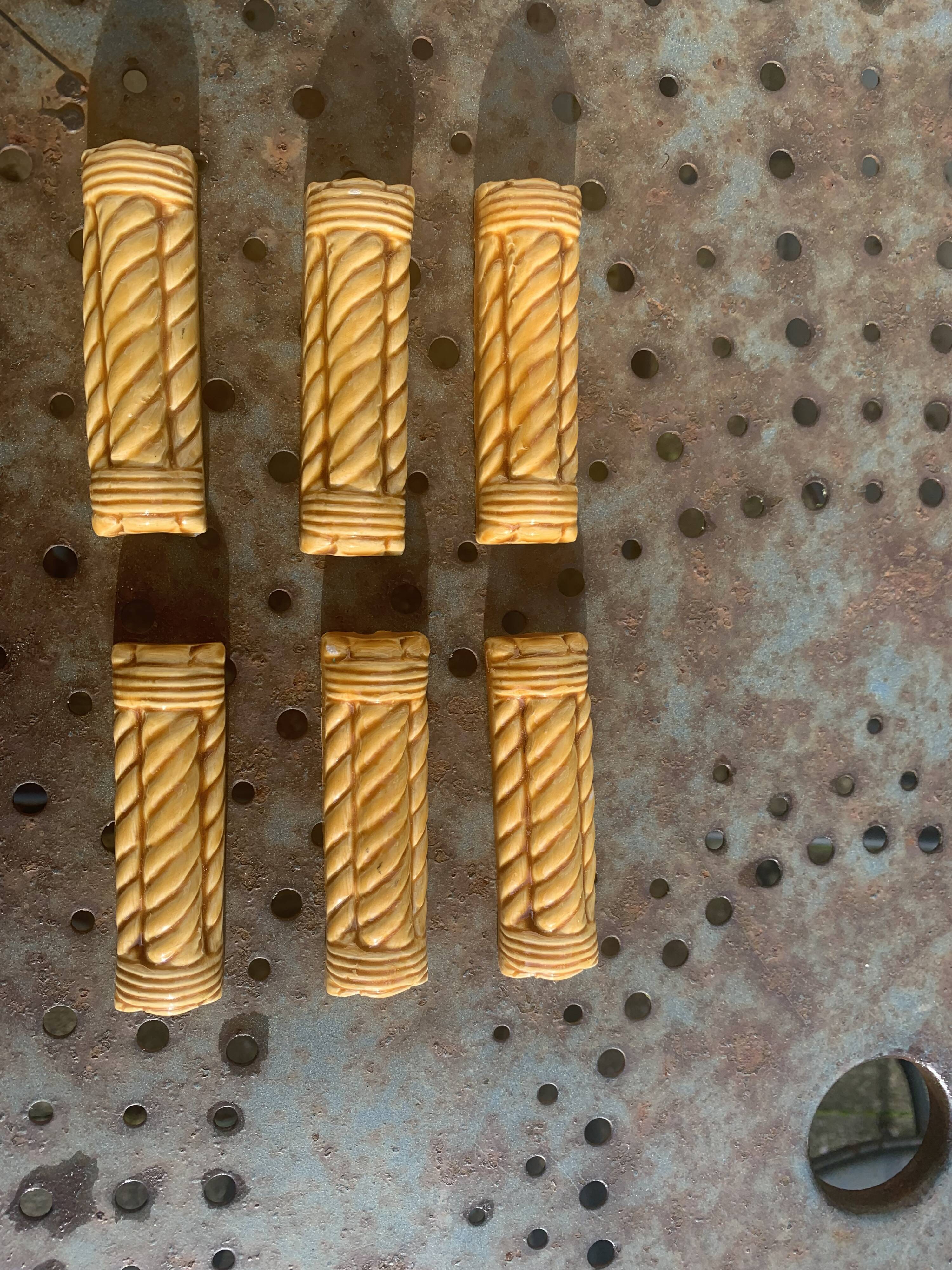 6 enameled ceramic knife holders, slip, vintage golden yellow