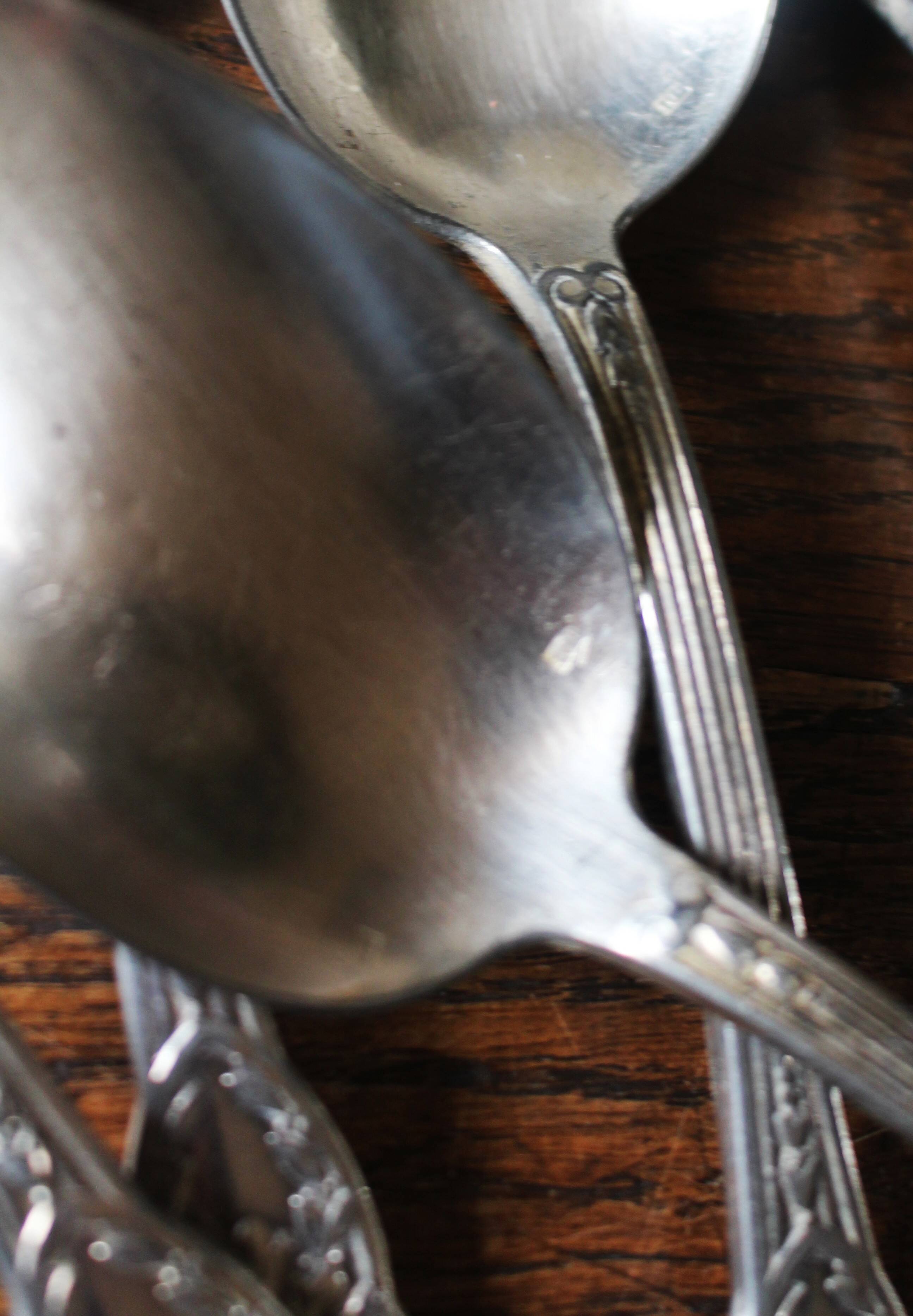 A set of 6 silver-plated metal soup spoons with foliage design.