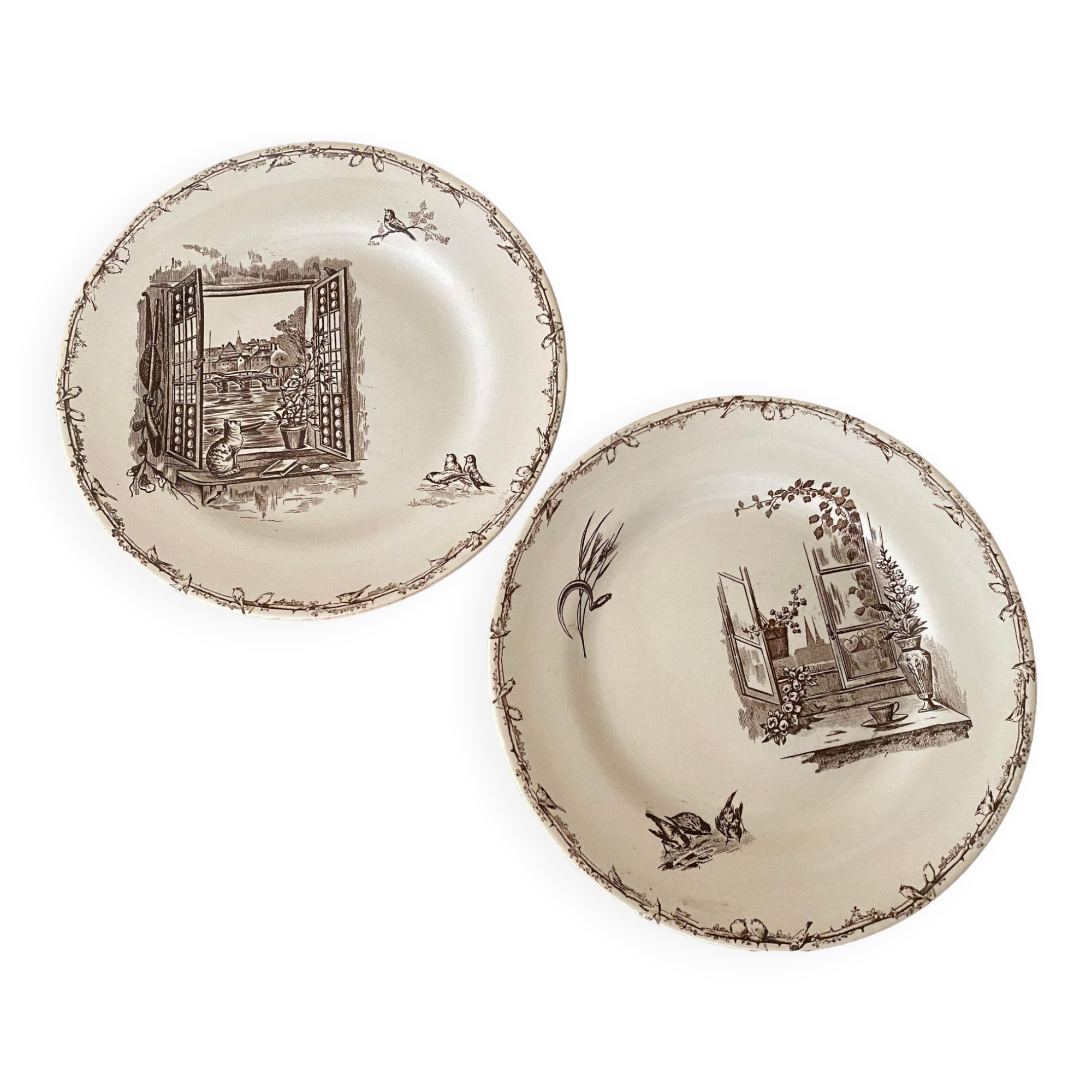Set of 2 plates terre de fer hb &cie décor open window, cat and birds