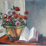 Antique oil painting depicting a still life