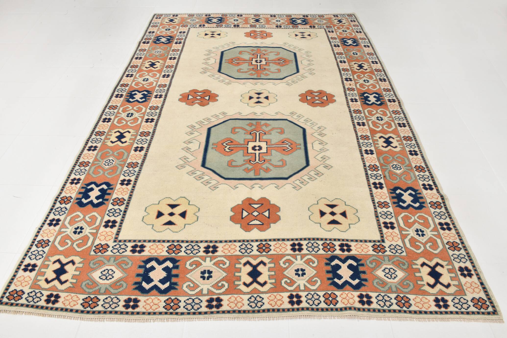 7x10 Vimtage Beige Orange Large Area Vintage Rug, 203x292 Cm