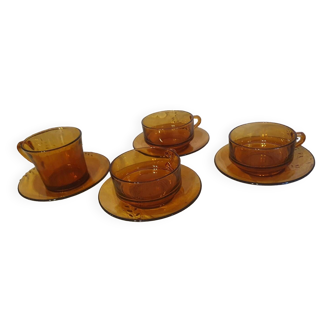 Set of 4 Vintage Amber Glass Duralex Cups and Saucers