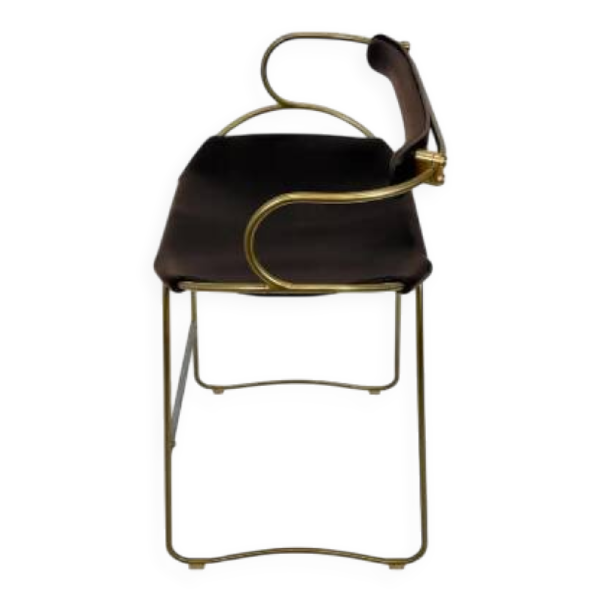 Sculptural bar stool with a brass metal backrest and dark brown leather.
