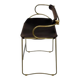 Sculptural bar stool with a brass metal backrest and dark brown leather.