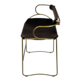 Tabouret sculptural de barre de cuisine avec dossier en métal laiton et cuir marron foncé
