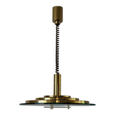 Heavy pendant lamp in brass and glass, UFO design by Hillebrand, 1970s Germany.