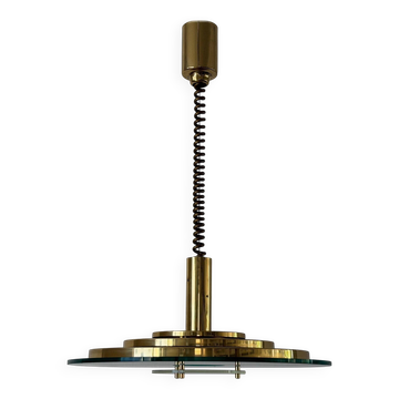 Heavy pendant lamp in brass and glass, UFO design by Hillebrand, 1970s Germany.