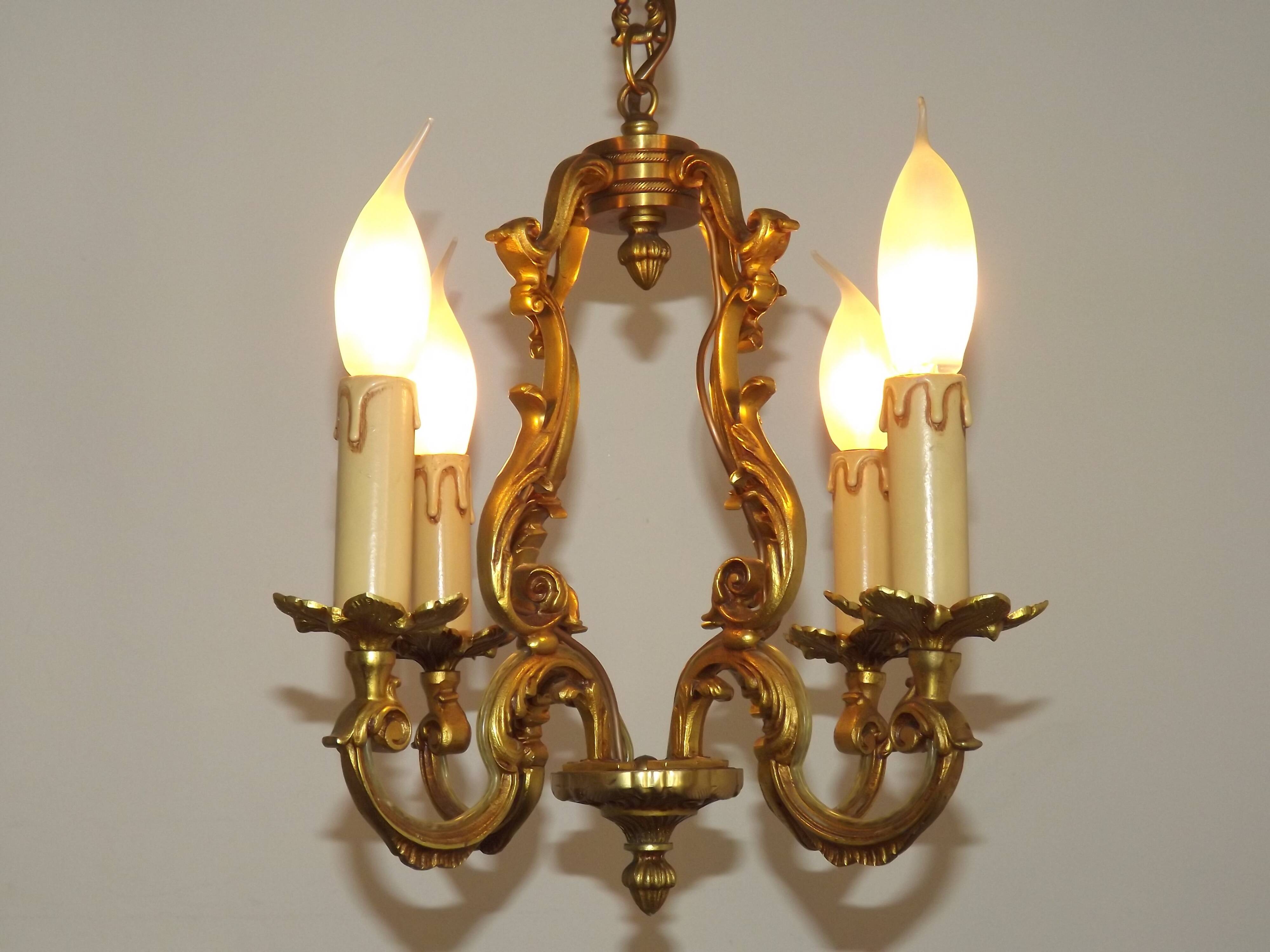 French Vintage Bronze Art Nouveau Style 4 Light 4 Sided Cage Chandelier