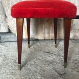 Ancien Tabouret Moumoute Rouge + Pieds Compas Bois Vintage