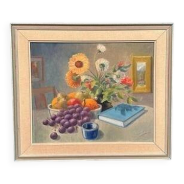 Huile sur toile suédoise "Nature morte" par K. Eliasson, vintage et encadrée 58×50cm