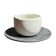 White Indonesian ceramic cup and gray saucer