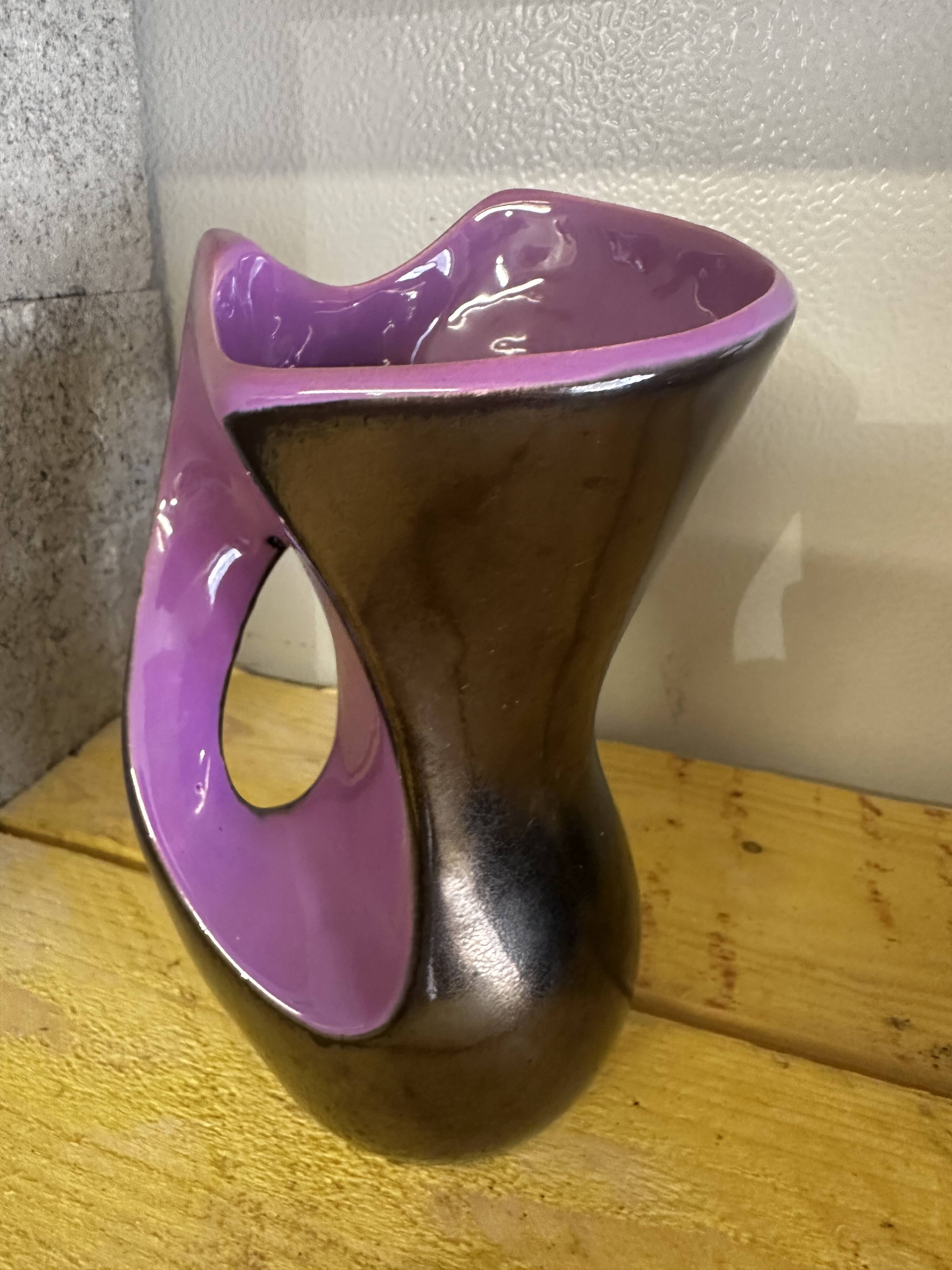 Free-form vase in iridescent black and mauve ceramic, Germany 1960