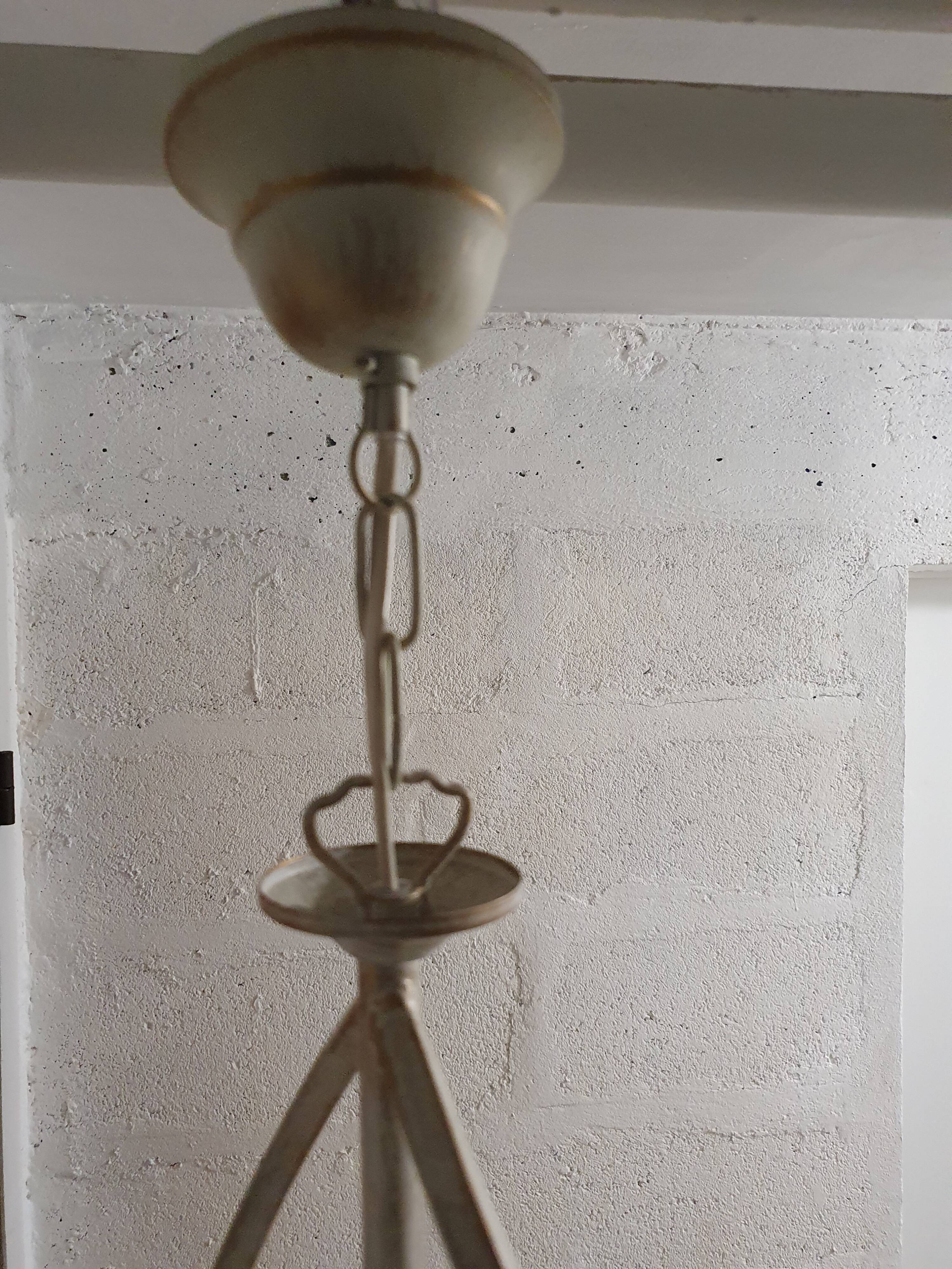 Art Deco style pendant lamp in aged white iron and opal glass
