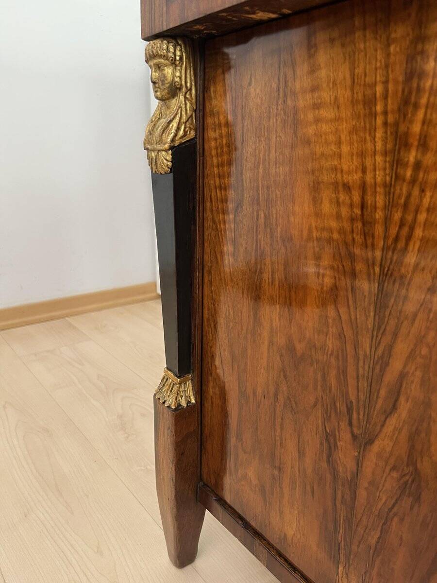 Biedermeier Chest in Walnut Veneer, Cherry, Gold Leaf & Brass, Austria, 1815