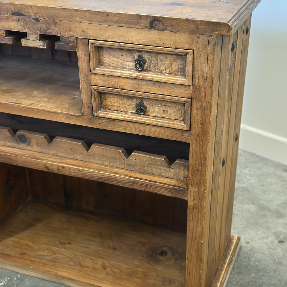 Rustic solid wood bar counter with 4 matching stools – wine rack & storage