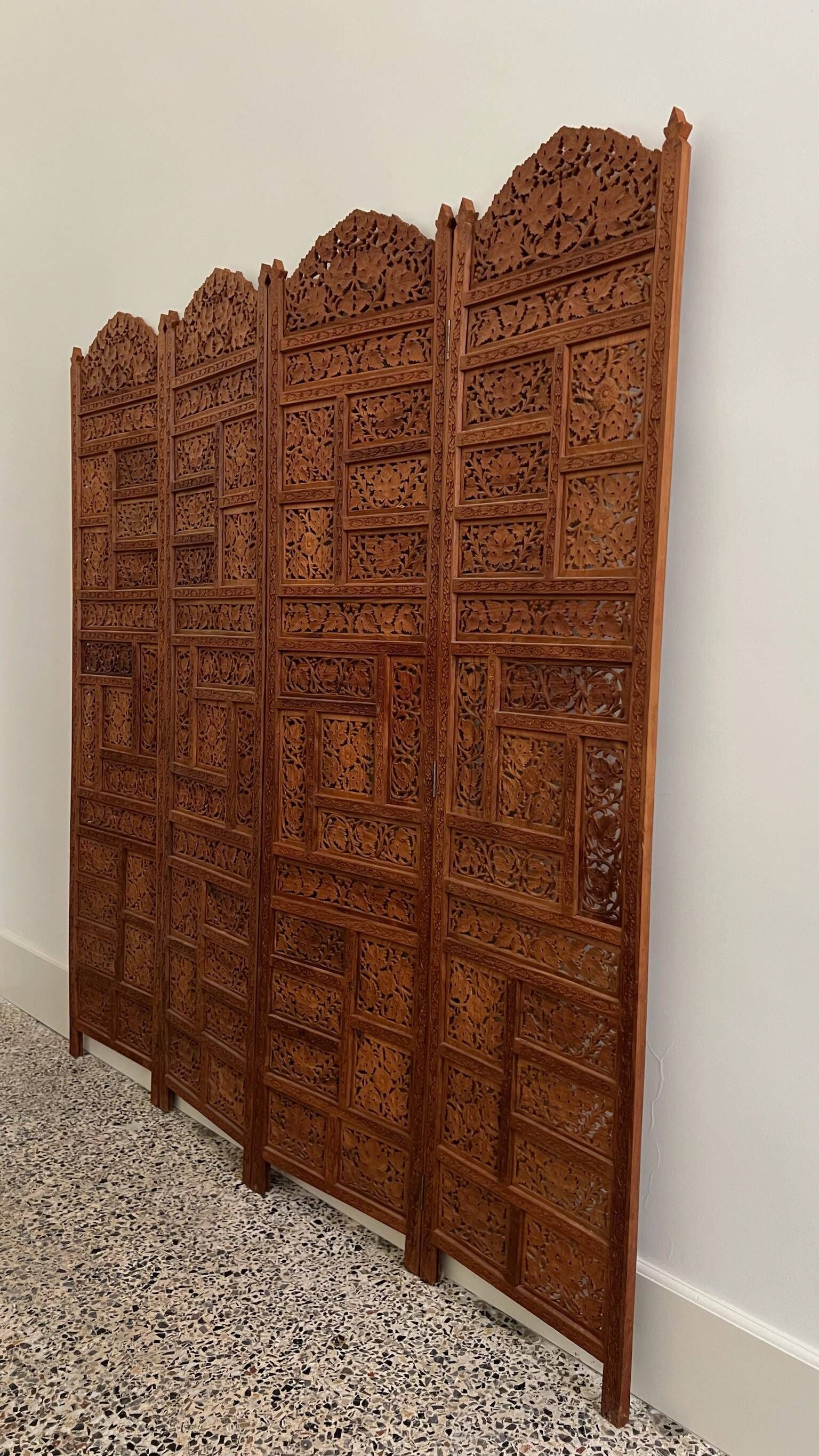 Vintage Asian carved teak screen — mid-20th century