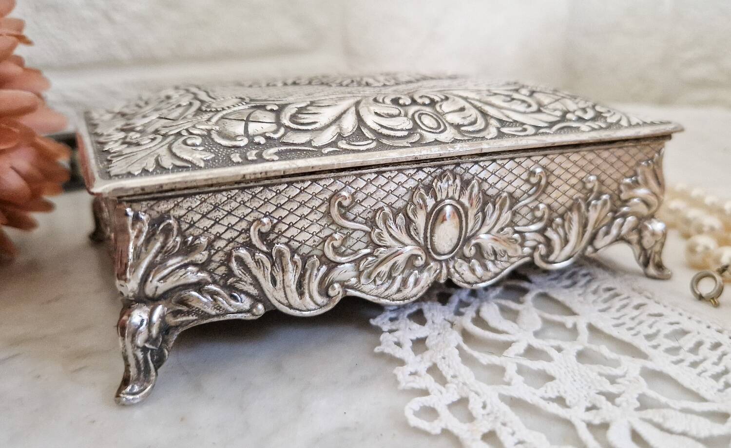 Vintage silver metal jewelry box