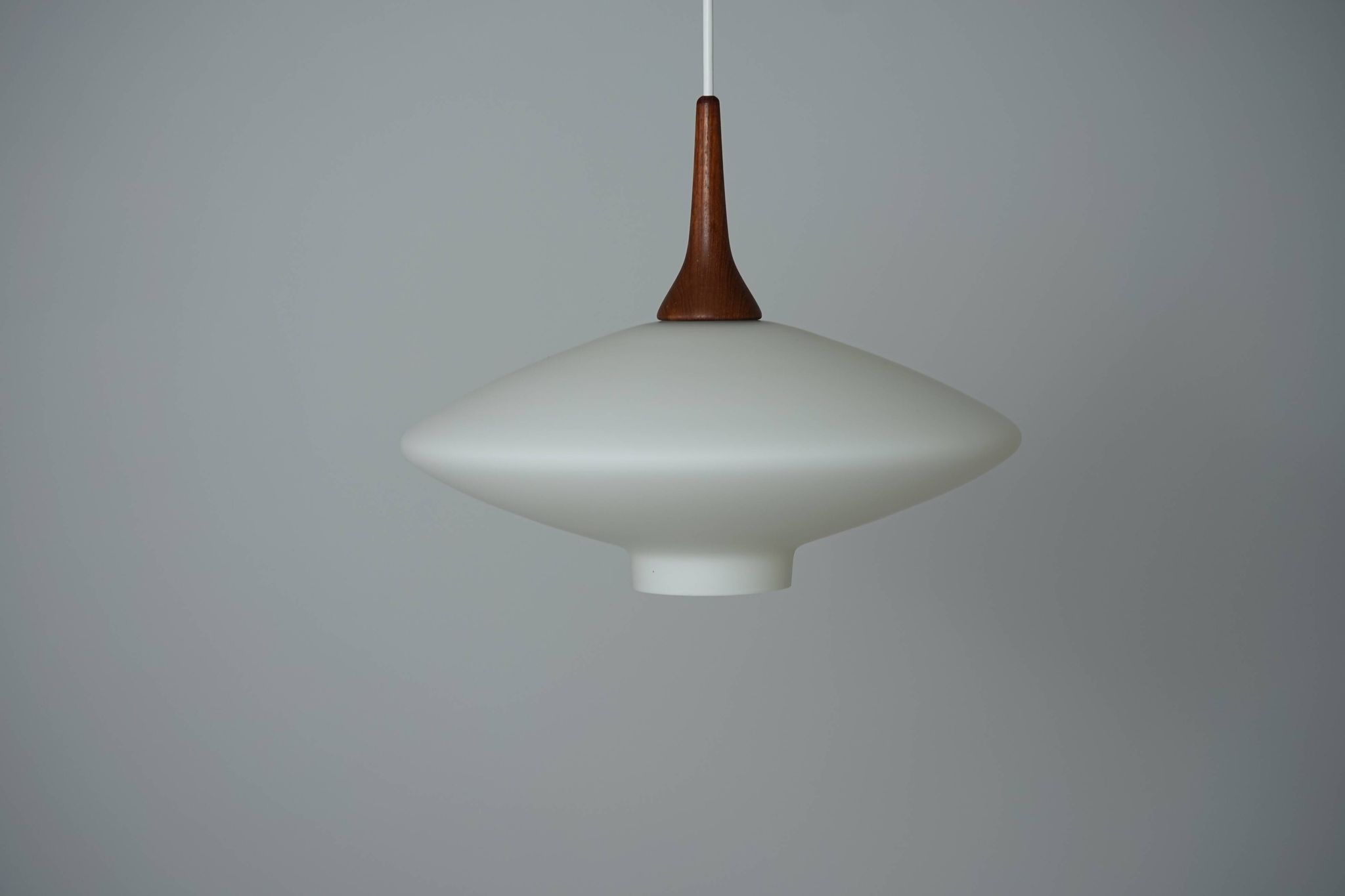 Danish Vintage UFO Lamp in Opal Glass and Teak 1960s