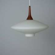 Danish Vintage UFO Lamp in Opal Glass and Teak 1960s