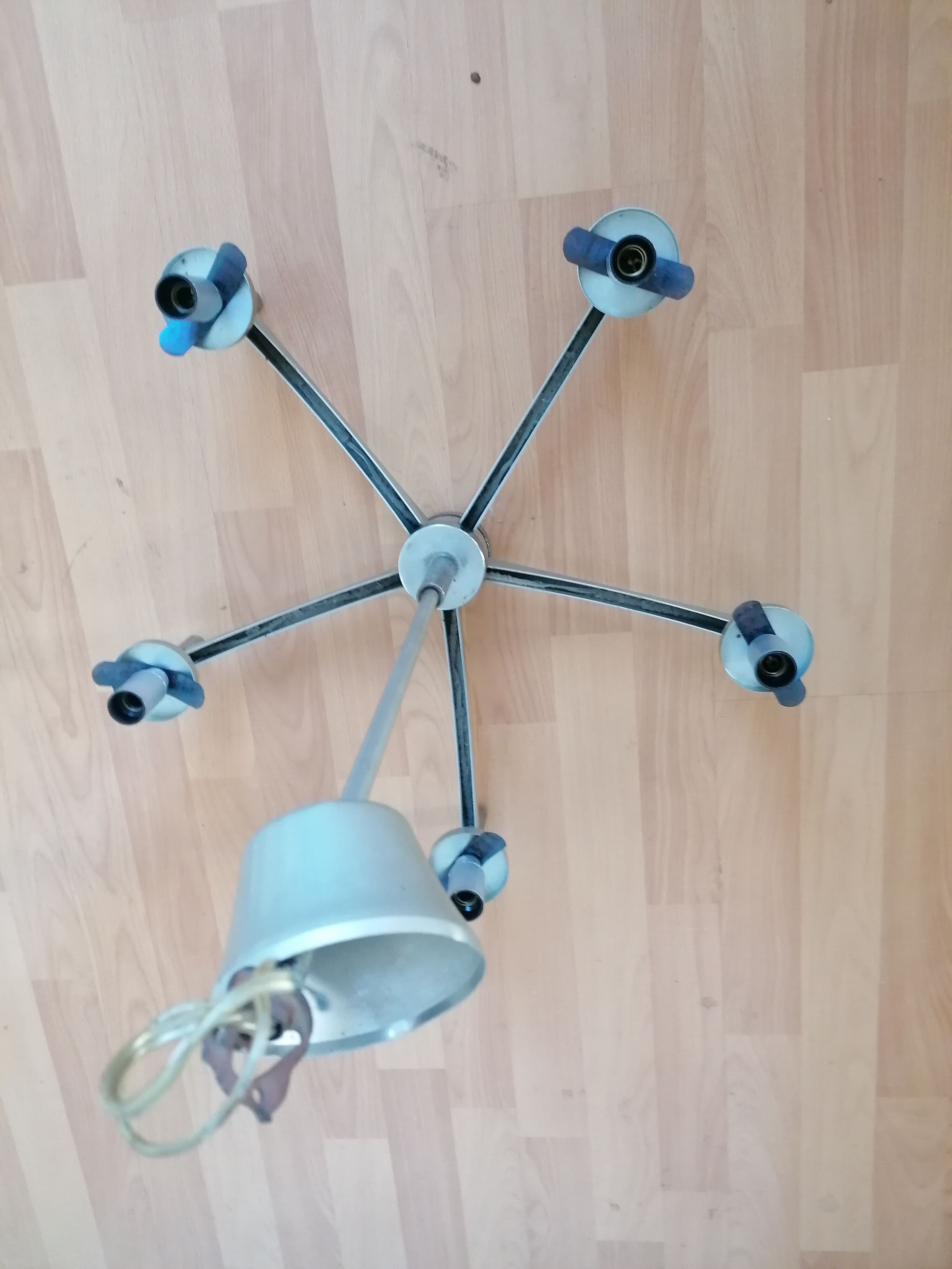 Chrome metal chandelier 5 branches vintage glass globes 60 70