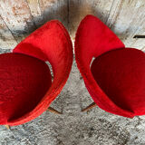 Achille decommere chair pair red fur + vintage wooden compass legs