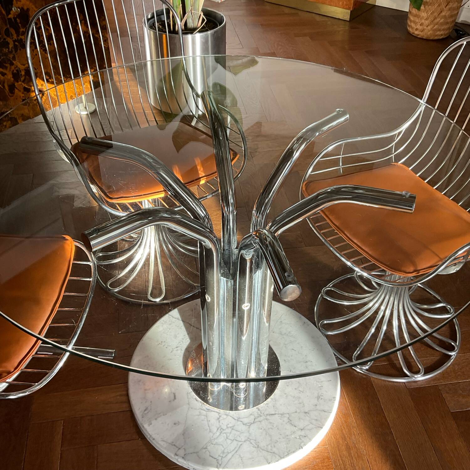 Dining table glass chrome and marble 1970s Italian vintage design