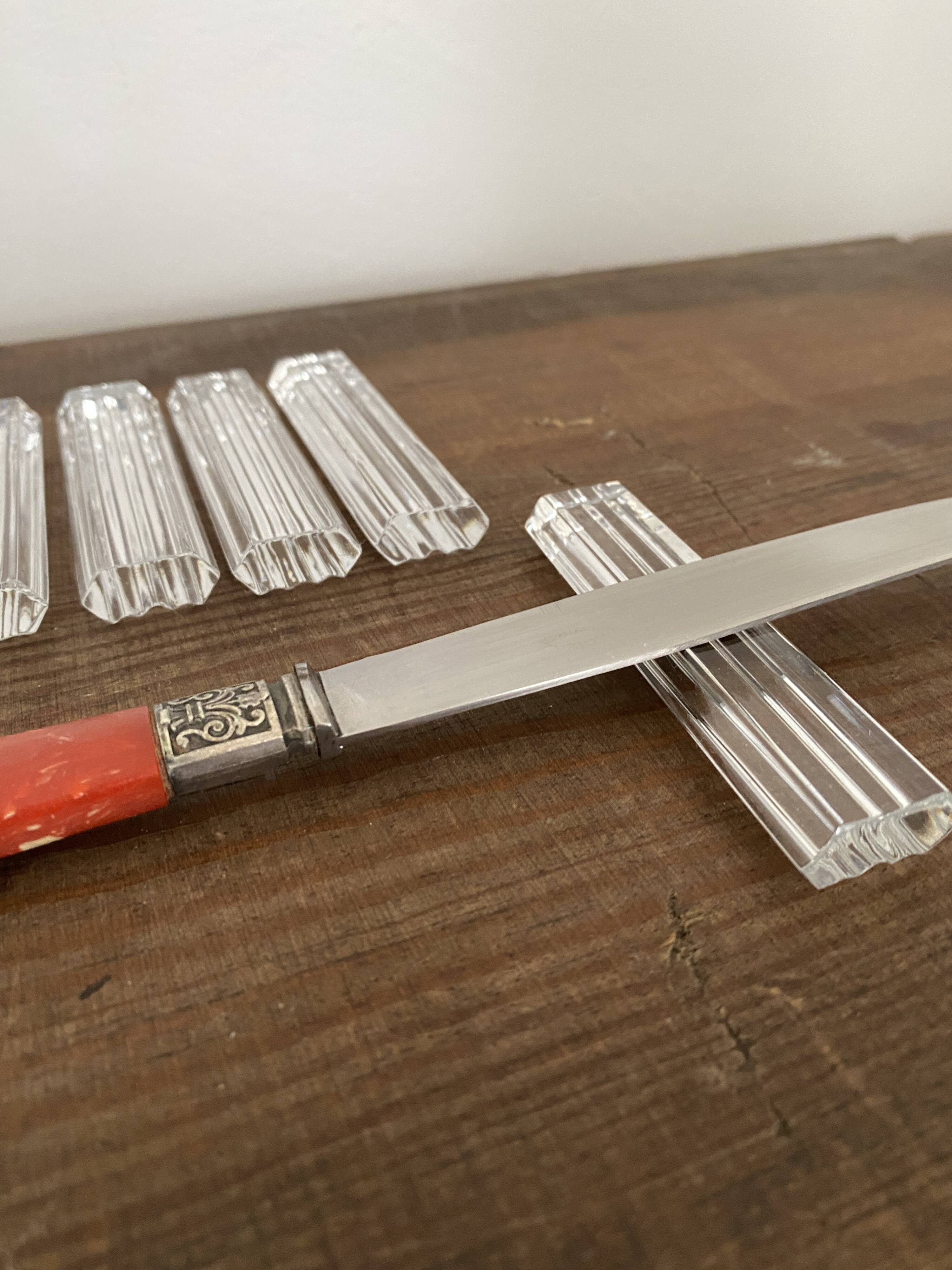 Vintage knife holders of 6, in glass