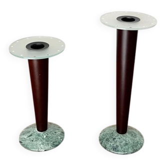 Vintage postmodern Italian wooden and stone candle holders, 1980s, set of 2.
